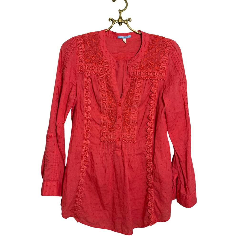Leifnotes Women's Embroidered Coral Red Blouse Top Size 4‎ Bohemian Casual